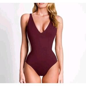 TA3 Plungey Contour One Piece Swimsuit Dark Cherry Oat Corset Shaping M XLONG